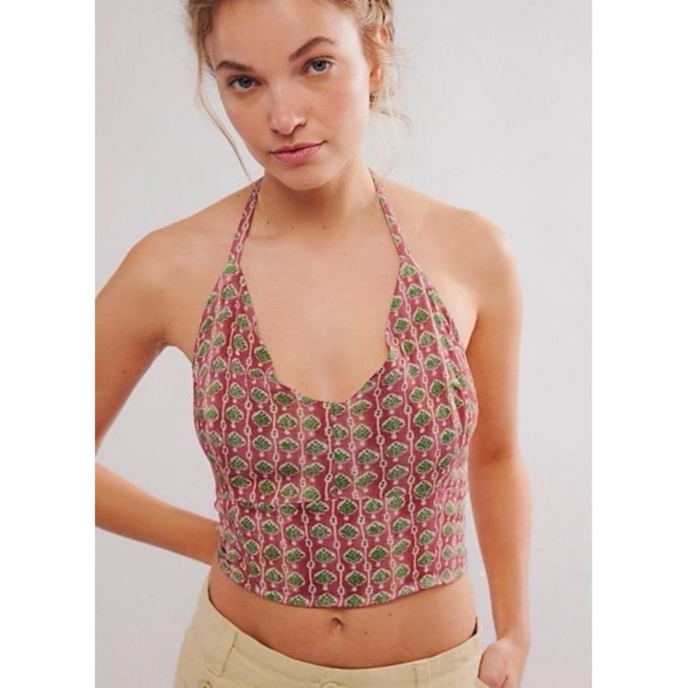 Free People Rae Halter Top Rosewood Combo Womens Medium Leaf Smocked Back Tie